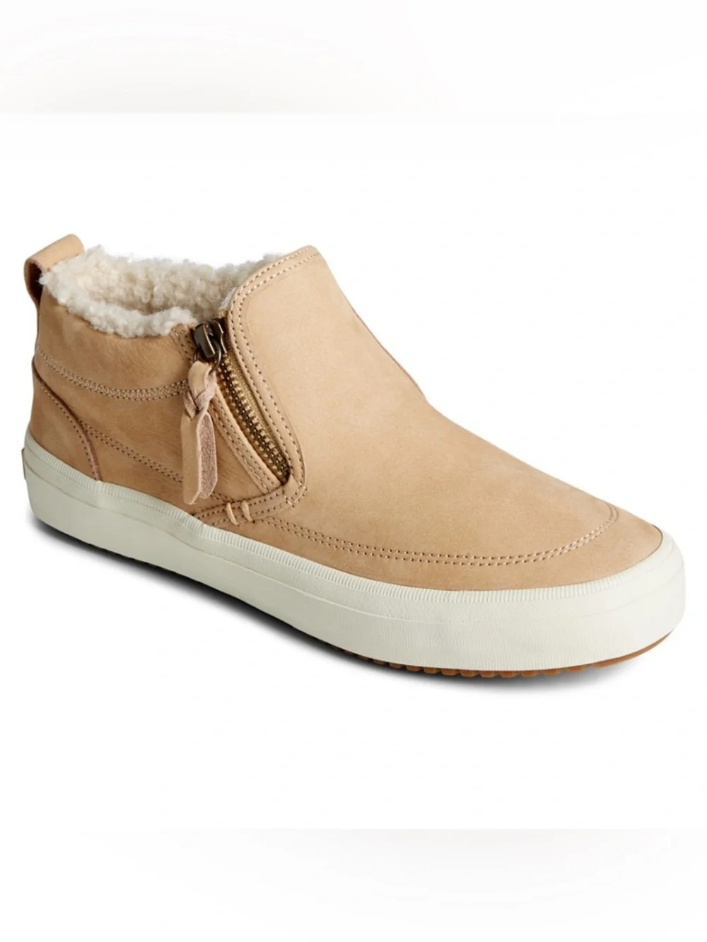 Sperry Crest Lug Side Zip Cozy Leather Sneaker Boots Beige Shearling Women 9